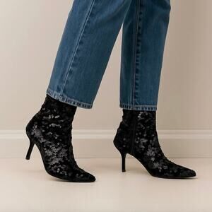 NWT Zara Sequin Velvet Fabric Ankle Boots - Black - Size 37